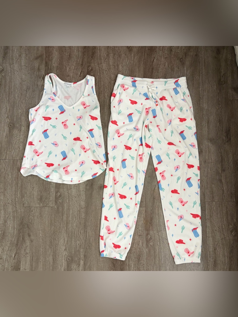 PJ Salvage American Honey Cowboy Boot Print Pajama Set Small Thermal Waffle Knit
